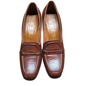 Vintage 70s Red Cross Brown Leather Chain Loafer Pumps Block Heel Square Toe 9N
